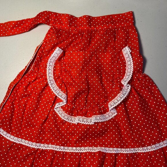 Vintage 1950s Red Polka Dot Half Apron Opaque Ruffles White Lace Pocket Retro - Picture 3 of 9